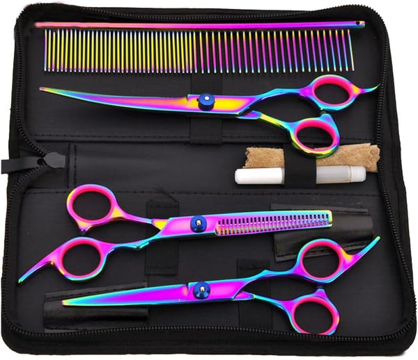 Dog Grooming Scissors Set - Colorful Pet Trimming Scissors Kit, 7 Inch Stainless Steel Shears for Grooming