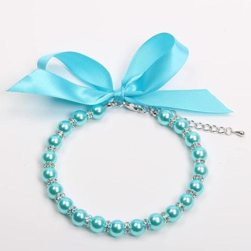 Dog Cat Pearls Necklace Collar with Bling Accessories and Ribbon Bow, Jewelry for Female Dogs Cats Small Medium (S,
