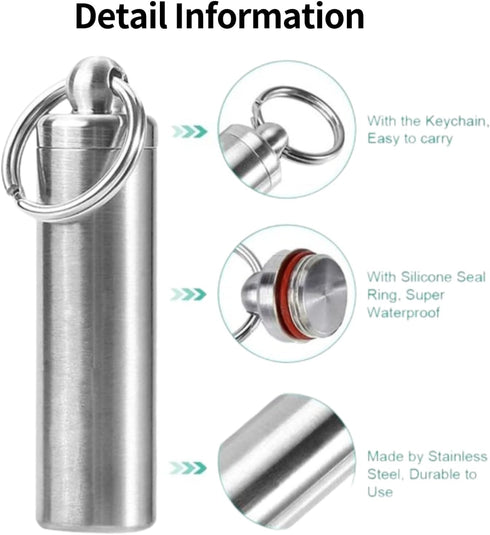 Stainless Steel Survival Pill Storage, Air-Tight Waterproof Capsule Bottle with Seal Ring for Outdoor Use