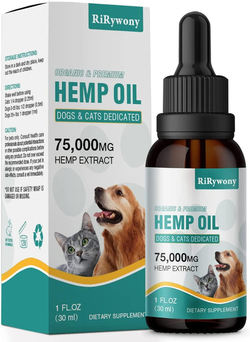 RiRywony Hemp Oil for Dogs & Cats, Pure Hemp Drops for Arthritis Pain, Anxiety Relief, Skin Health, Made in USA