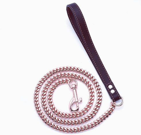 Rose Gold Dog Chain Leash, 10MM/14MM Curb Cuban Link, Strong Chew Proof Stainless Steel, 3FT/4FT/5FT (10mm, 5ft)