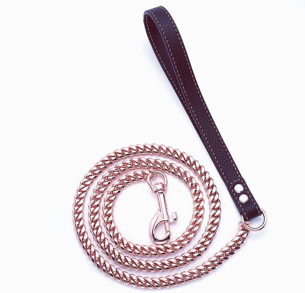 Rose Gold Dog Chain Leash, 10MM/14MM Curb Cuban Link, Strong Chew Proof Stainless Steel, 3FT/4FT/5FT (10mm, 5ft)