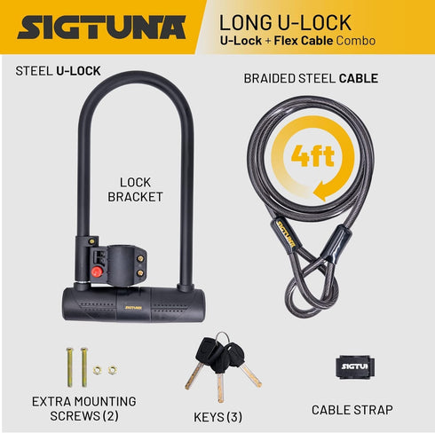 Sigtuna Bike U Lock, Extra Long Heavy Duty Anti Theft, 16mm Bicycle Lock with Shackle, Mounting Holder, and 4ft Cable