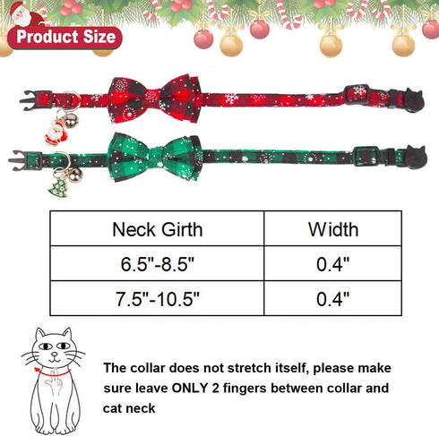 ADOGGYGO Christmas Cat Collar Breakaway with Bow Tie Bell, 2 Pack Red Green Plaid Xmas Kitten Collar
