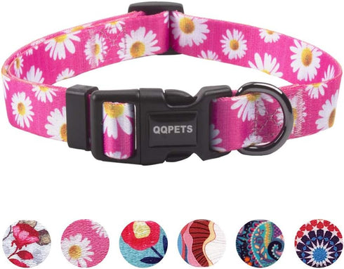 QQPETS Adjustable Soft Dog Collar - Print Flower Pink Multicolor Patterns for XS Small Medium Large Pets