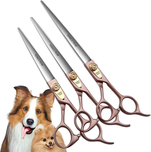 Fenice Peak 7'' Dog Straight Scissors for Grooming, 440C Stainless Steel Rose Gold Professional Pet Trimming Shears
