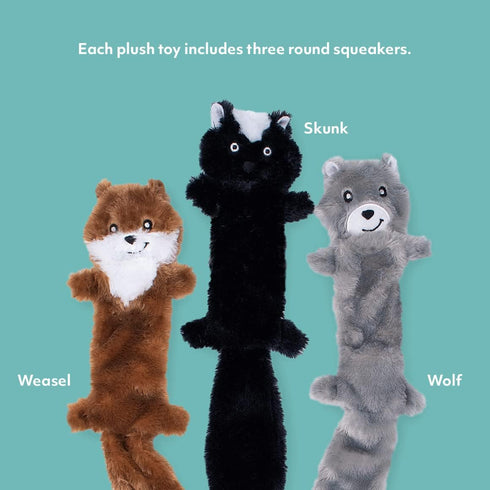 ZippyPaws Skinny Peltz - Weasel, Skunk, & Wolf - No Stuffing Squeaky Chew Toys for Small & Medium Breeds, 3-Pack