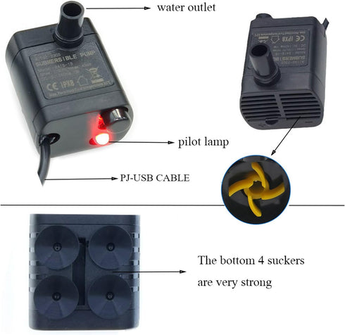 URANT 2Pcs Mini USB Compact Submersible Pump, 1M Tube, DC 5V, 0.7W Super Quiet Electric Brushless Pump for Pet