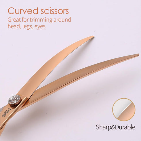 Rose Gold Titanium Curved Dog Grooming Scissors 7'' - Downward 30°, Professional Pet Trimming Shears