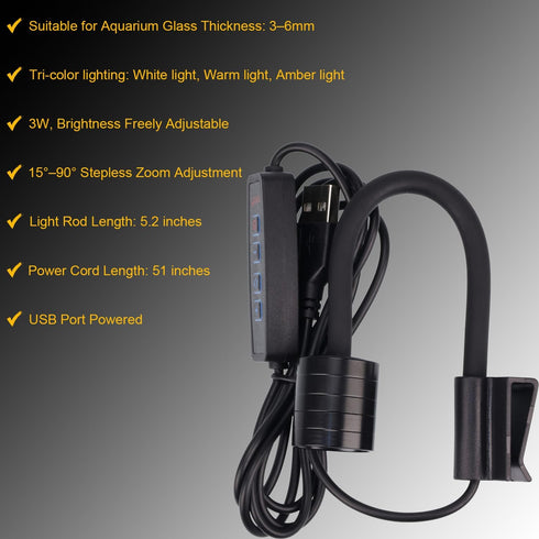 NiuXTool 1590 Dimming Zoom Mini Aquarium Spotlight with Timer Gooseneck Clip-On Lamp, Zoom Beam, Tri-Color White/Warm