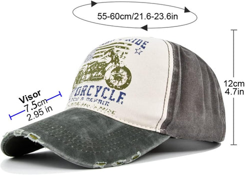 Vintage Baseball Cap, 100% Cotton Washed Denim Trucker Cap, Motorcycle Print Outdoor Sun Hat