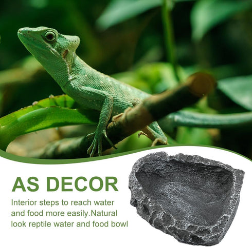 Reptile Bowls, 2 Pcs Feeding Dish with Clamp & Shovel, Resin Rock Water & Food Bowls for Reptiles