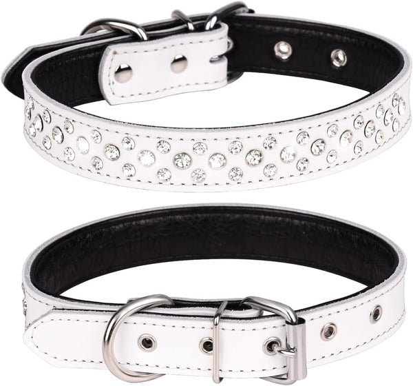 Rhinestones Dog Collar, Adjustable Sparkly Crystal Studded Genuine Leather Collar for Small and Medium Dogs
