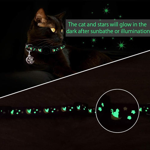 2Pcs Adjustable Breakaway Cat Collars with Bell & Pendant - Glow in The Dark, Purple + Black for Boy & Girl Cats
