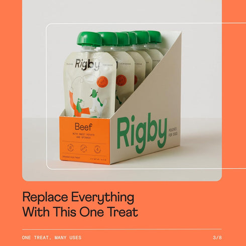 6 Pack Rigby Organic Grass-Fed Beef Dog Treat Pouches Low-Calorie Squeeze Treat for Enrichment, Meal Topping, Training