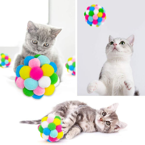 MAIYU Cat Toy Balls (4 PCS) - Colorful Interactive Cat Ball Toy with Built-in Bell, Soft Pompom Balls for Indoor Cats