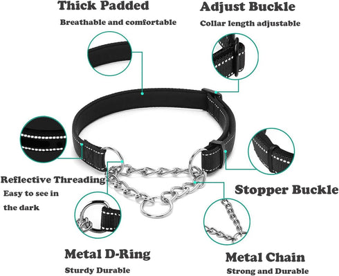 Martingale Dog Collar with Stainless Steel Chain, Adjustable Soft Padded Nylon Reflective Collar, No Pull Heavy Duty Chain Walking Training Colllars for Large, Medium, Small Dogs(Pink, 16.5" - 27.6")