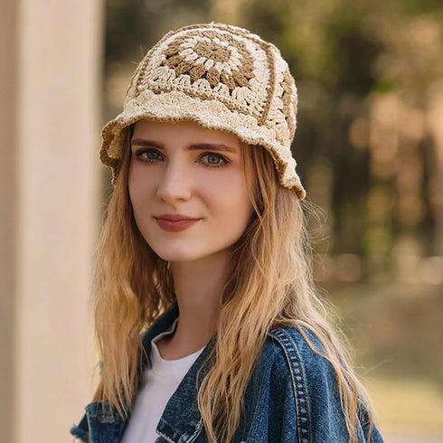 XYIYI Women Crochet Bucket Hat - Knit Handmade Foldable Beach Hat, Cute Hand Woven Fishing Hat