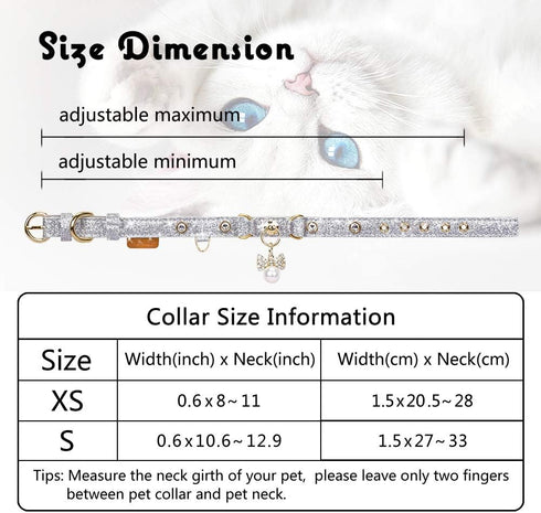 PetsHome Adjustable PU Leather Cat and Dog Collar with Bling Rhinestones, Luxury Pendant, Small Silvery for Big Cat and