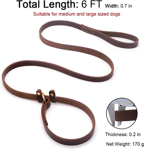 Real Leather Slip Lead Dog Leash, Adjustable Heavy Duty Flat Training Leash for Medium and Large Dogs, 5ft Long