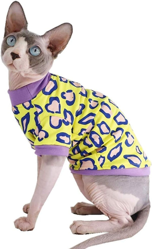 Sphynx Hairless Cat Cute Summer Cotton T-Shirts, Round Collar Kitten Shirts Cats Apparel (Leopard, X-Large)