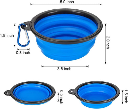 Pack of 2 Large Collapsible Dog Bowls - Food Grade Silicone, BPA Free, Foldable Travel Bowl with Carabiner Clip (Blue &