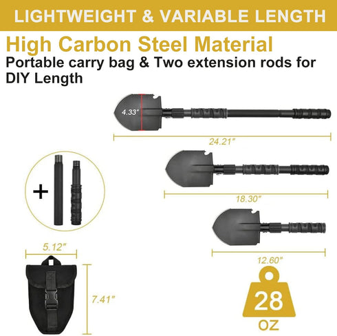 Folding Shovel (24.21'') - Camping Survival Off Road E Tool with Pickaxe, Portable Bag