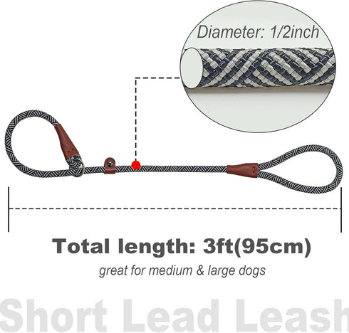 3 FT Slip Lead Dog Leash, 1/2 inch Rope for Walking and Training, No Pull Strong Nylon Leash for Medium and Large Dogs