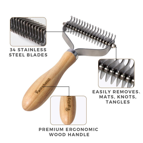 PAWSHOLIC Undercoat Rake for Dogs, Professional Pet Shedding Dematting Comb with Wood Handle for Cats and Dogs