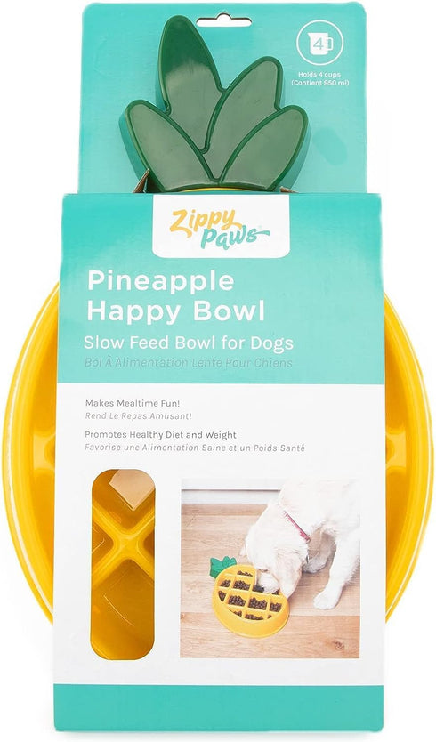 ZippyPaws Happy Bowl, Slow Feed Dog Bowl, Up to 10x Slower Eating, Dishwasher Safe, Non-Slip Pineapple