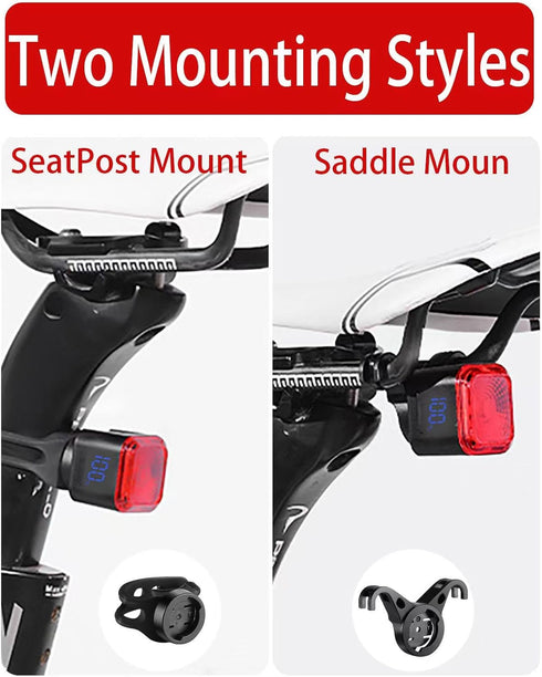 6 IPX6 LED Bike Brake Tail Light with USB-C Recharge, Digital Battery Indicator, Automatic Brake Detection, Motion