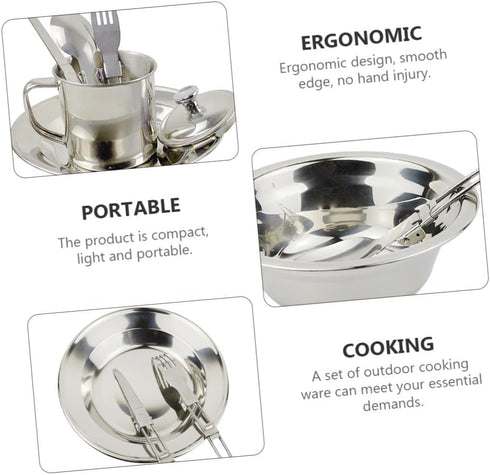 Set 1-2 Backpacking BESPORTBLE Stainless Steel Cookware and Portable Camping Tableware for People, Outdoor Picnic