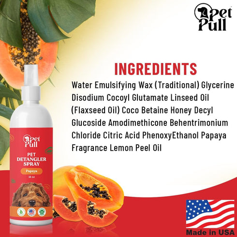 Detangler Spray - Dog Grooming Puppy Detangler Spray to Comb Through Knots, Mats, and Tangles - Detangling Spay for Dogs Pet Papaya Scent - Made in The USA (16 Oz)