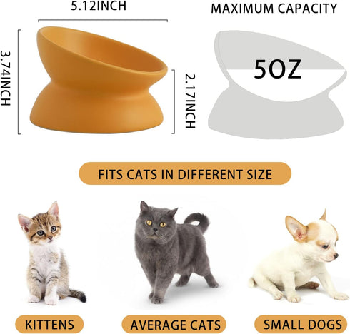 Elevated Tilted Cat Food Bowls - Ceramic Whisker Friendly, Anti Vomit, Raised Bowl for Food and Water (Yellow)