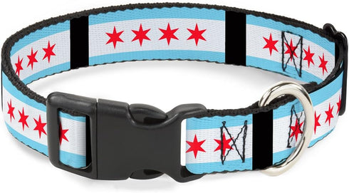 Buckle-Down Plastic Clip Collar, Chicago Flags/Black, 1" Wide, Fits 11-17" Neck, Medium