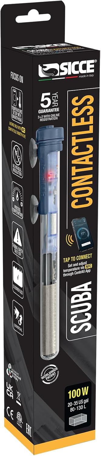 Sicce Scuba 100 Watt Aquarium Fish Tank Heater - Smartphone Controlled via NFC, Adjustable for Marine and Freshwater