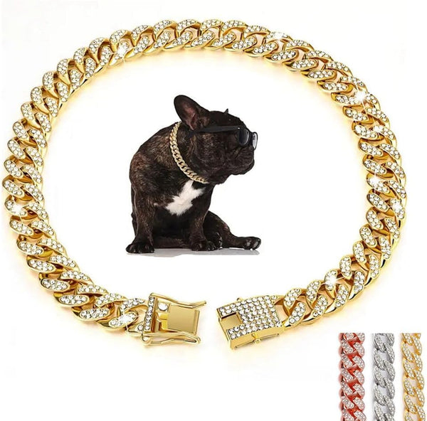 Gold Dog Collar for Large Dogs, Bling Necklace Glitter Rhinestone Sparkly Jewelry Diamond Metal Cuban Link Collars, 24