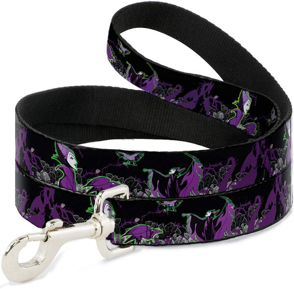 Buckle-Down Pet Leash - Maleficent & Diablo Black Roses/Purples - 4 Feet Long - 1/2" Wide