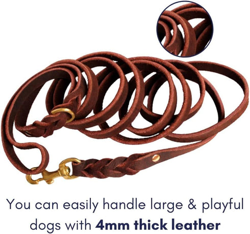 Braided Leather Dog Leash 10 Foot - Full Grain Heavy Duty for Large Medium Small Dogs, 10 Ft Soft Leather Lead