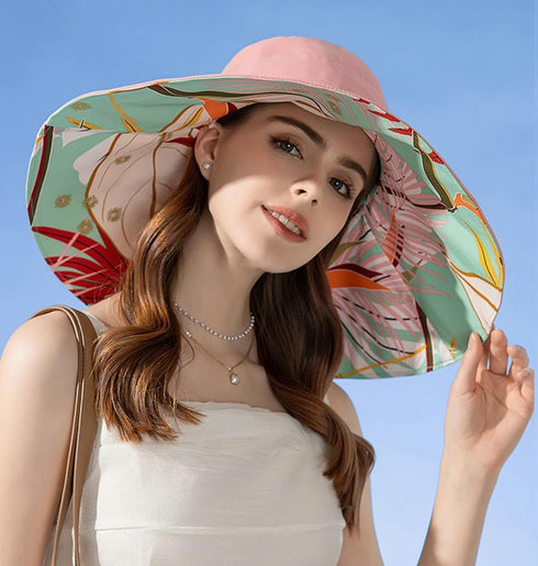 Super Wide Brim Packable Sun Hat for Women, Reversible Double-Sided UV Protection Beach Bucket Cap