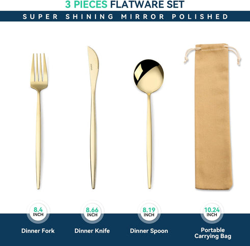 Travel Utensils with Case, 3 Pieces Reusable Stainless Steel Portable Lunch Silverware Set