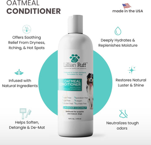 (16oz+Brush) Lillian Ruff PRO Formula Oatmeal Dog Conditioner - Nourishing & Calming Relief for Allergies & Sensitive