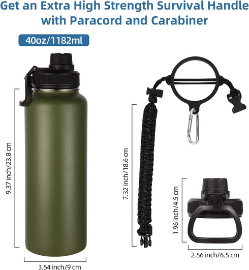Volhoply 4 Pack Insulated Water Bottles, 40 oz Stainless Steel Sports Bottle with Paracord Handle