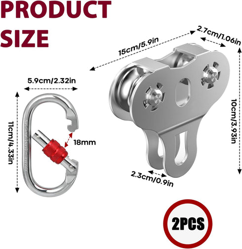 Zipline Pulley with Carabiner and Handle | 304 Stainless Steel Tandem Speed Double Pulley for 1/4 5/16 3/8 Cable