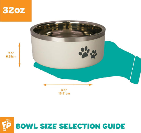 Buttermilk 32 oz. Stainless Steel Double-Wall Insulated Non-Slip Dog, Cat, Pet Food and Water Bowl (PN: DWB-BM-32)