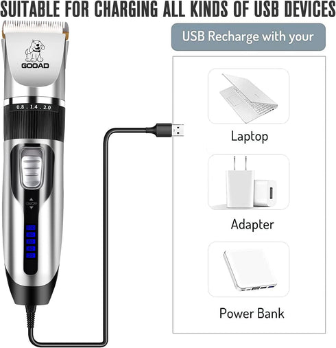Dog Clippers Grooming Kit and Paw Trimmer, Cordless, Low Noise, Electric Quiet, Rechargeable, for Thick Coats, Silver