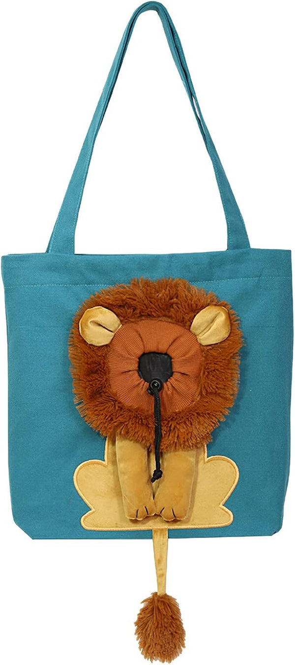 Dog Tote Bag with Zipper, Cat Shoulder Carrier, Lion-Shaped Pet Canvas Bag for Daily Use Walking Travel (L, Acid Blue)