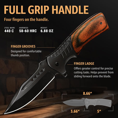 Spring Assisted Knife - 3.66" Sharp Blade - Tactical Pocket Knife for Men with Wood Handle Glass Breaker & Clip - Best Folding Knives for EDC Camping Survival for Dad Husband - Father Day Gifts 0207 by Grand Way