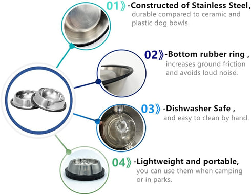 2 Pack Stainless Steel Dog Bowls - Anti-Slip Heavy Duty Premium Quality Feeder Bowls for Dogs and Cats (¾Cup / 6oz)