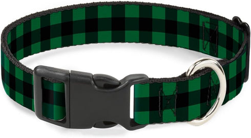 Buckle-Down Plastic Clip Collar, Buffalo Plaid Black/Green, 1" Wide, Fits 15-26" Neck, Large